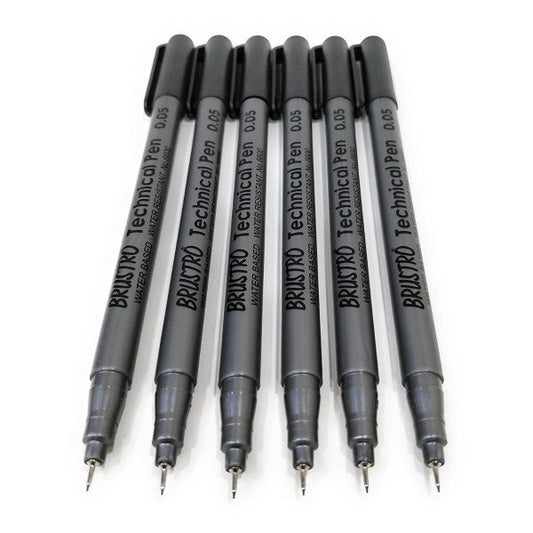 BRUSTRO Technical Pen | Black | Pack of 6 - Tip Size - 0.05mm | Ideal For Mandala, Drawing,Artist Illustration,Sketching