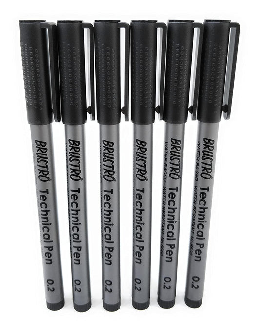 BRUSTRO Technical Pen | Black | Pack of 6 - Tip Size - 0.2mm | Ideal For Mandala, Drawing,Artist Illustration,Sketching