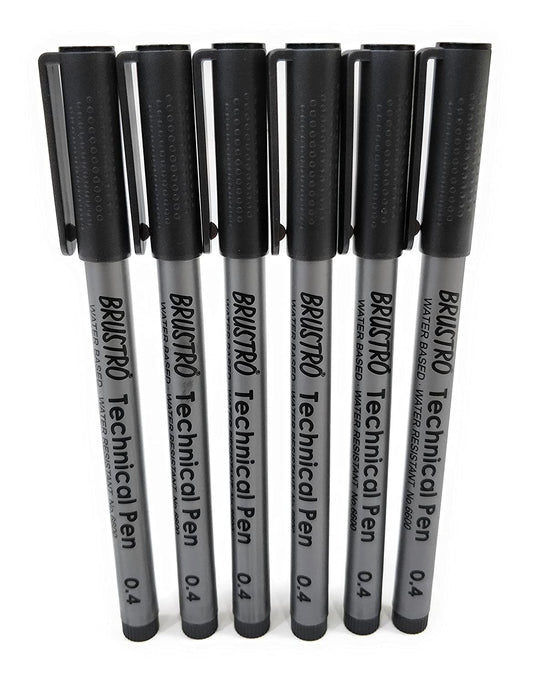 BRUSTRO Technical Pen | Black | Pack of 6 - Tip Size - 0.4mm | Ideal For Mandala, Drawing,Artist Illustration,Sketching