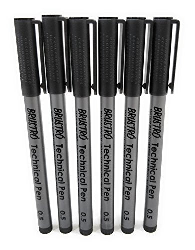 BRUSTRO Technical Pen | Black | Pack of 6 - Tip Size - 0.5mm | Ideal For Mandala, Drawing,Artist Illustration,Sketching