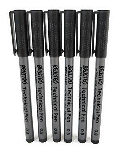 BRUSTRO Technical Pen | Black | Pack of 6 - Tip Size - 0.8mm | Ideal For Mandala, Drawing,Artist Illustration,Sketching