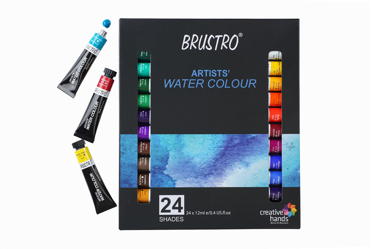 BRUSTRO ARTISTS' WATERCOLOUR SET OF 24 COLOURS X 12ML TUBES