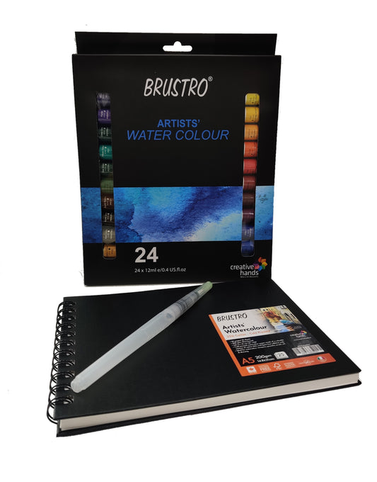 BRUSTRO Artists ’ Watercolour Set of 24 Colours X 12ML Tubes with Artist 25% Cotton Watercolour Journal Cold Pressed 200 GSM A5-25 Sheets and Aqua Squeeze Leak Proof Brush Pen