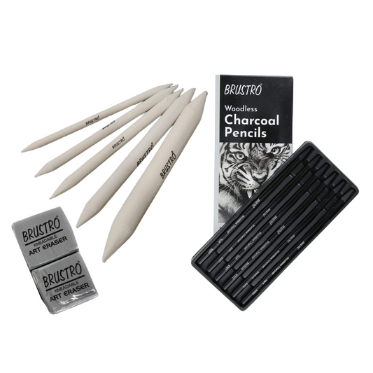 BRUSTRO Woodless Charcoal Pencil Set of 6 (3 Soft, 2 Medium, 1 Hard) with Blending stump set And 2 kneadable erasers.