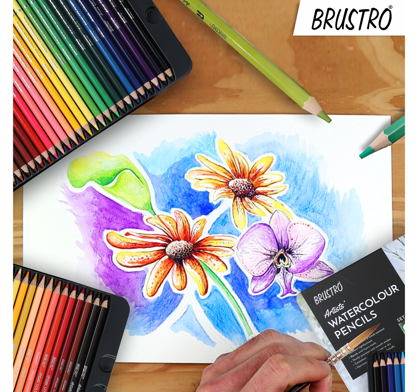 BRUSTRO Artists Watercolour Pencil Set of 72 (in Elegant tin Box) with Artist Watercolor Journal, A5, 200gsm. 30 sheets, 25% cotton.