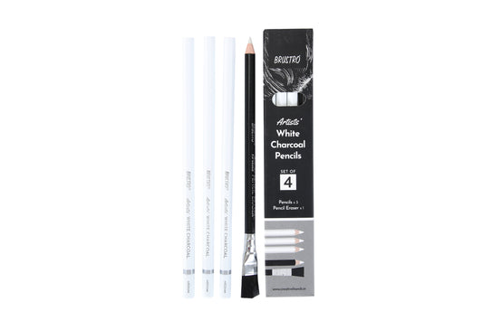 BRUSTRO Artists White Charcoal Pencil Set | 5mm, Set of 3 + 1 Pencil Eraser | Ideal for Students,Adults, School,Office use, Charcoal works, Sketching, Shading, Blending, Drawing, Art, Craft, Non-toxic