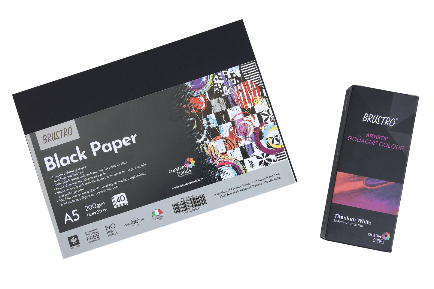 Brustro Gouache Titanium White Twin Pack 40ml Each, with Black Paper A5 40 Sheets