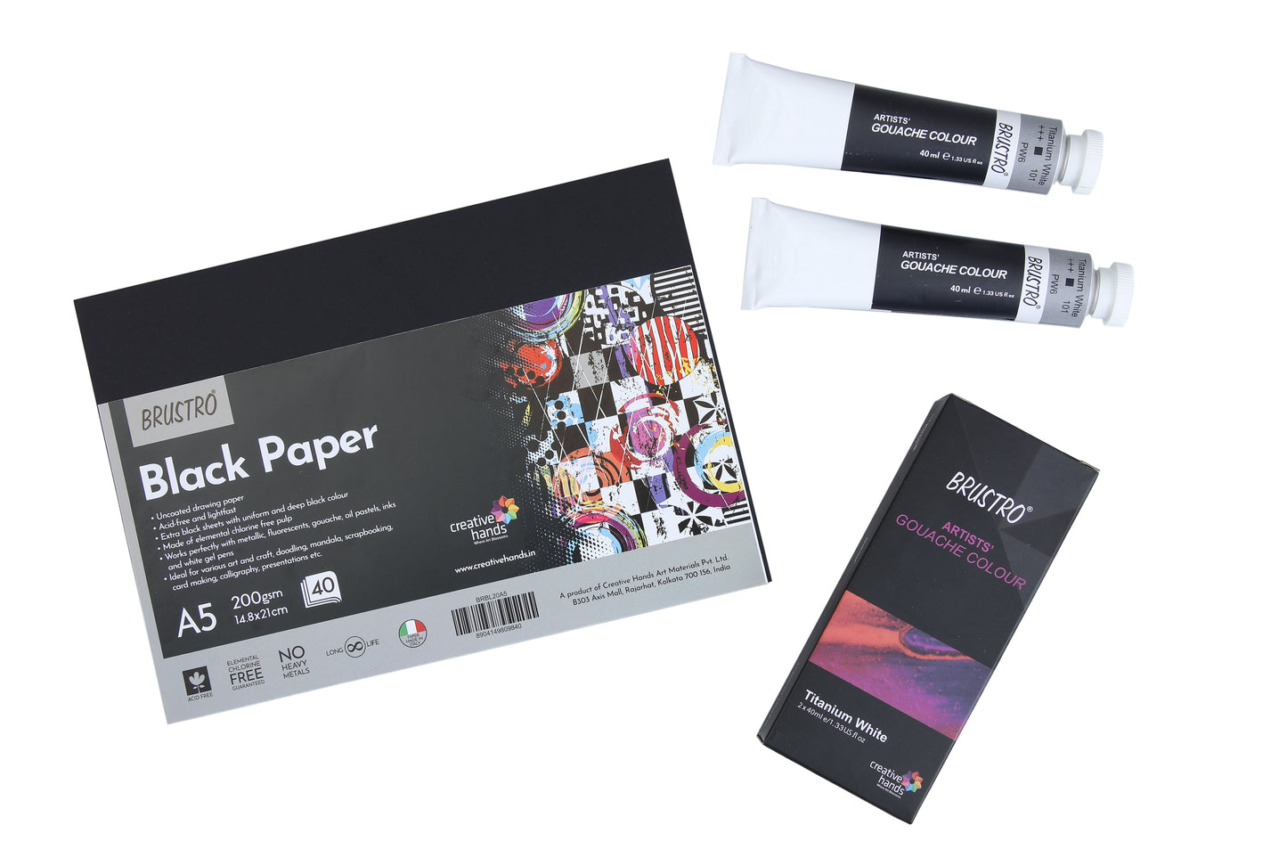 Brustro Gouache Titanium White Twin Pack 40ml Each, with Black Paper A5 40 Sheets