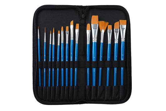 Brustro Synthetic Hair Short Handle Artists Brush Set of 15 in a Premium Zippered Brush Wallet