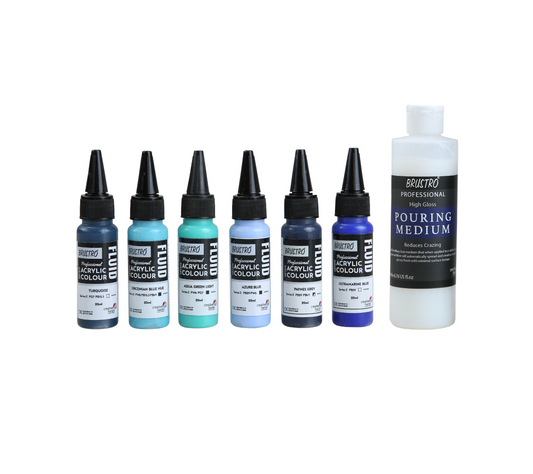 Brustro Professional Artists Fluid Acrylic 20 ml Beyond The Blues Set of 6 (Turquoise, Ultramarine Blue, Zirconian Blue Hue, Paynes Grey, Aqua Green Light, Azure Blue) with Pouring Medium 200 ml