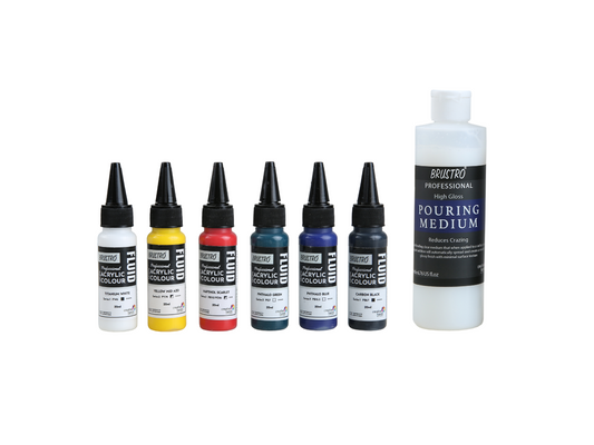 Brustro Professional Artists ’ Fluid Acrylic 20 ml Pack of 5 + 1 Free (Titanium White, Yellow Mid AZO, Napthol Scarlet, Phthalo Blue, Phthalo Green and Carbon Black) with Pouring Medium 200 ml