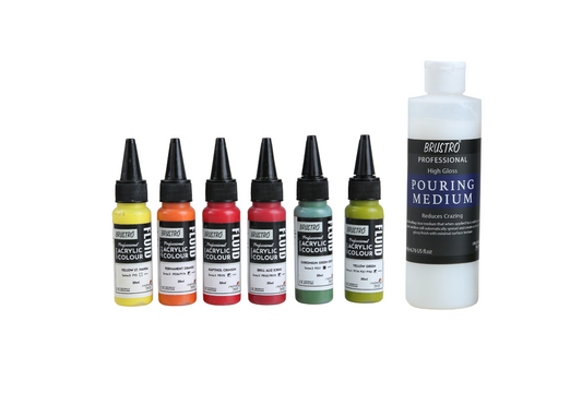 Brustro Professional Artists ’ Fluid Acrylic 20 ml Tropical Paradise Set of 6 (Yellow LightHansa,Chromium Green Oxide,Yellow Green,Brill Aliz,Napthol Crimson,Perm Orange) with Pouring Medium 200 ml