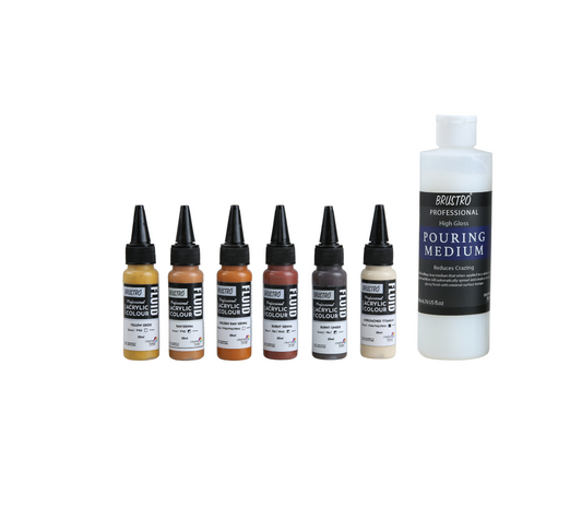 Brustro Professional Artists Fluid Acrylic 20 ml Down to Earth Set of 6 (Burnt Sienna, Burnt Umber, Yellow Oxide, Raw Sienna, Unbleached Titanium, Golden Raw Sienna) with Pouring Medium 200 ml