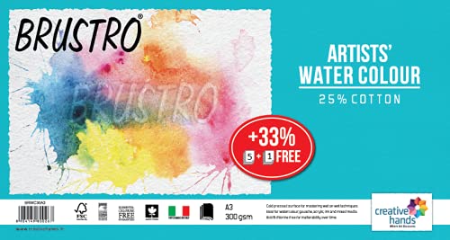 BRUSTRO Artist's Watercolour Paper | 300 GSM, A3, 25% Cotton, Cold Pressed | Pack of 5+1 Sheets | Ideal for Professional Painting, Acrylic, gouache. Dry & Wet, Fine Art students.