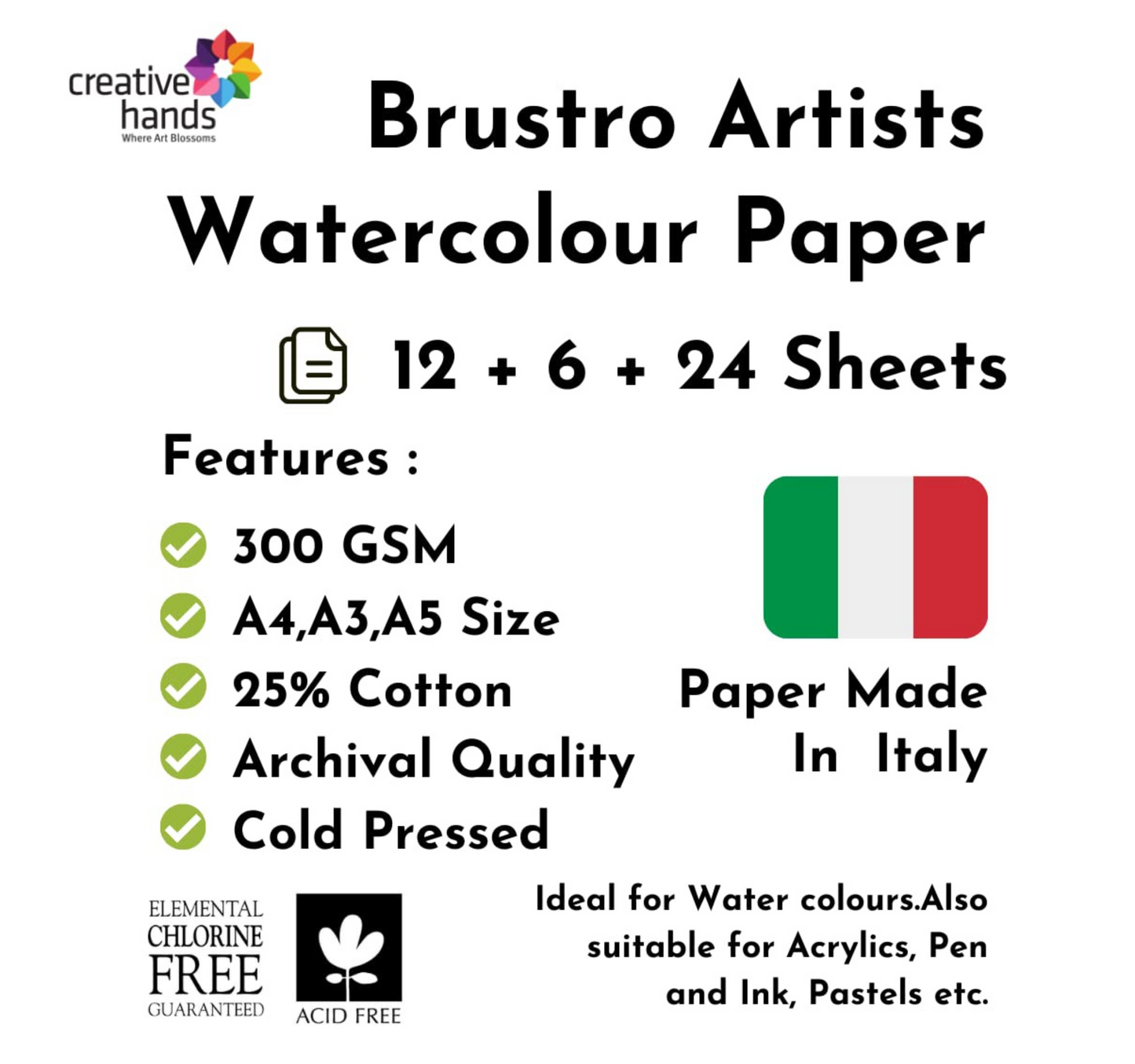 Brustro Artists Watercolour Paper 300 GSM, 25% Cotton, Cold Pressed, A4 (Pack of 12), A3 (Pack of 6) & A5 (Pack of 24)
