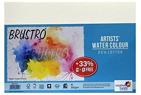 BRUSTRO Artists Watercolour Paper | 300 GSM, A5, 25% Cotton, Cold Pressed | Pack of 24 Sheets | Ideal for Artist, Professional Drawing, Painting Dry & Wet, Fine Art, School, Students, Watercolor