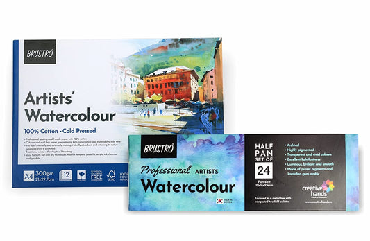 Brustro Professional Artists Watercolour 24 Half Pan Set with Cold Pressed Watercolour Pad - 100% Cotton, 300 GSM, A4, 12 Sheets | Pigmented, Transparent, Intermixable Colours, watercolor.