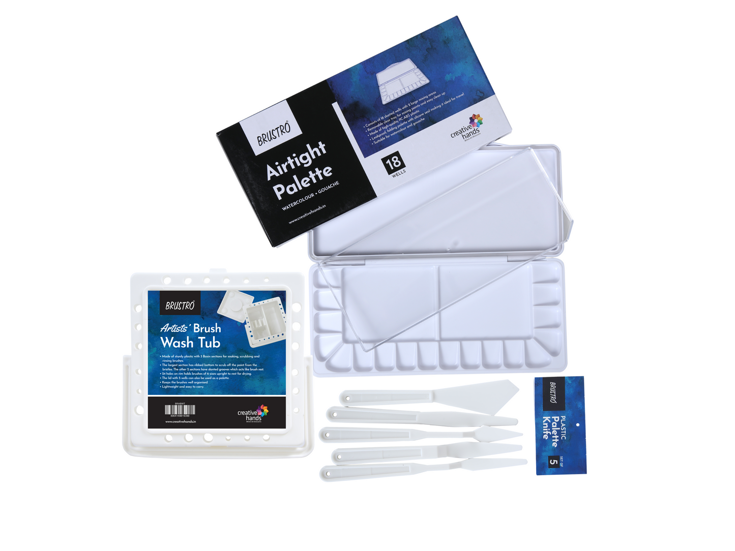 Brustro Airtight Watercolour Palette 18 Wells With Removable Trays (MRP 699)+Brustro Artists' Brush Wash Tub (MRP 240)+Brustro Plastic Palette Knives Set of 5 (MRP 150)