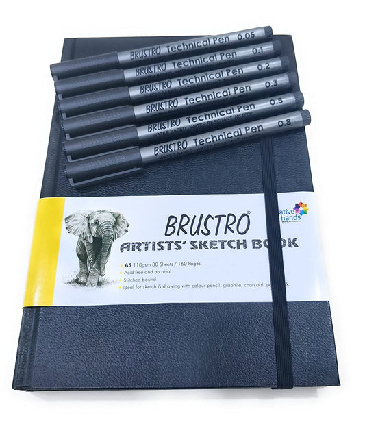 Brustro Artists Sketch Book Stitched Bound A5 Size, 160 Pages Acid Free & Technical Pen, 110 GSM (Pack of 6)