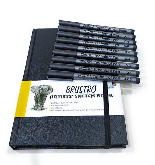 Brustro Artists Sketch Book Stitched Bound A5-110 GSM, 160 Pages Acid Free & Technical Pen Black Assorted Set of 9 Combo