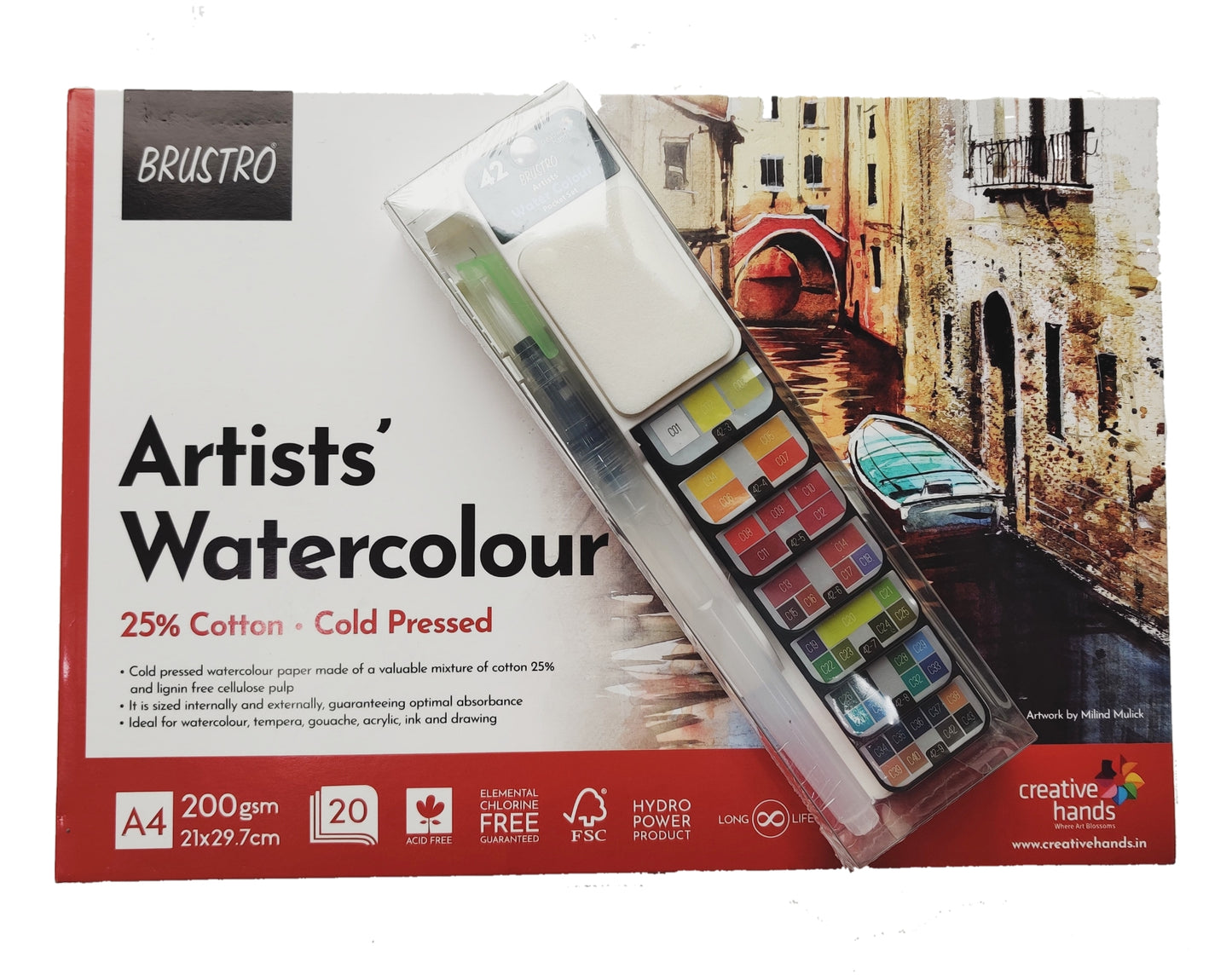 Brustro Artists Watercolour Pan Set of 42 with Artist 25% Cotton Watercolour Pad Cold Pressed 200 GSM A4 Pad 20 Sheets